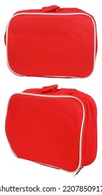 Red Nesesser Vanity Case Isolated On White Background. Cosmetics Makeup Bag Concept