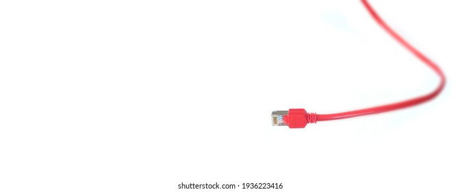 Red network plug and cable on white background,conectivity,online,networking concept,panoramic, large copy space