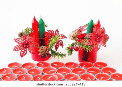 Red, new and unused tealight candles, designed on a white surface decorative candle holder - Powered by Shutterstock