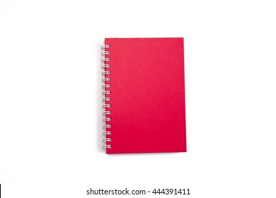 Red Notebook Spiral Bound Isolated On White Background, Close Up Red Notebook
