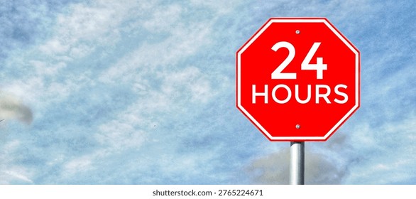 Red Octagonal 24 Hours Open Service Signpost Against Blue Sky with Clouds Representing Round the Clock Business Operation and Continuous Support Concept. 