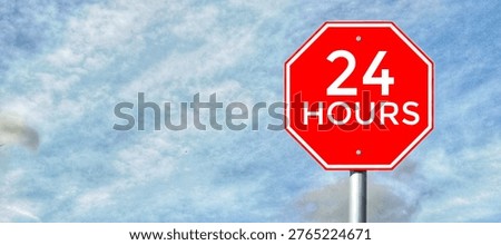 Red Octagonal 24 Hours Open Service Signpost Against Blue Sky with Clouds Representing Round the Clock Business Operation and Continuous Support Concept. 