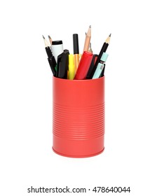 Red Office Pot With Pencils And Pens On A White Background