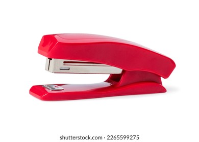Red office stapler closeup isolated on white background
