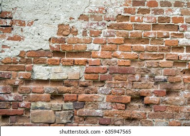 Red Old Bricks. Smashed Bricks. Grunge Texture. Surface. Brick Wall With Cement