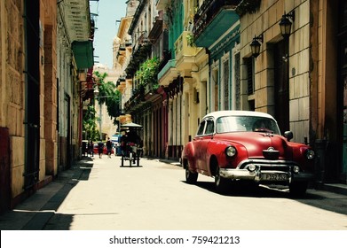 Red Old Car In The Streets Of Havana Cuba