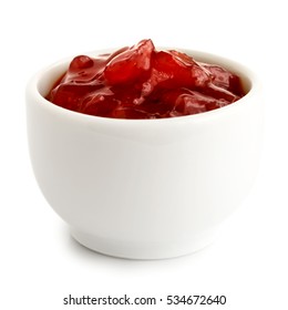 Red Onion Chutney In Ceramic Bowl Isolated On White.