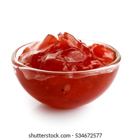 Red Onion Chutney In Glass Bowl Isolated On White.