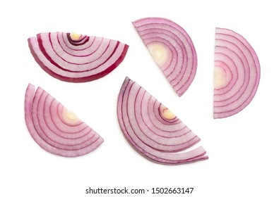 Red Onion Half Moon Slices On White Background. Vegetable Cutting Style. Cooking Food And Natural Ingredients.