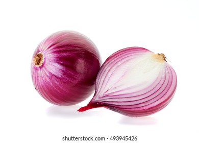 Red Onion And Half Slice On White.