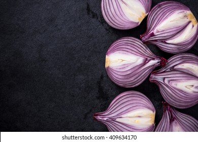 Red Onion Halves, Texture Details And Pattern, Flat Lay From Above