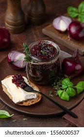 Red Onion Jam ( Confiture) In A Jar, Selective Focus