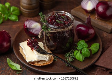 Red Onion Jam ( Confiture) In A Jar, Selective Focus