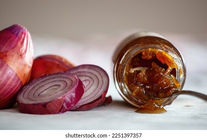 Red onion marmalade jam confiture .The jam can be made with onions or shallots. - Shutterstock ID 2251397357