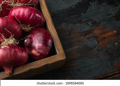 Red Onion, On Old Dark Wooden Table Background With Copy Space For Text