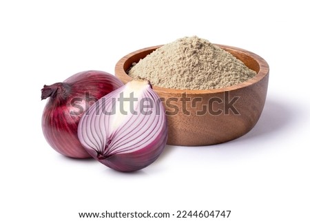 Red onion powder in wooden bowl and fresh onion isolated on white background. 