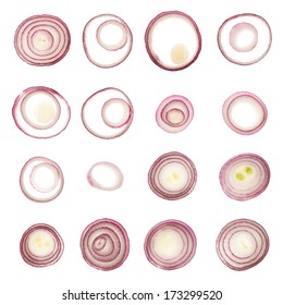 Red Onion Rings Isolated Over White Background, Set Of Sixteen, View Above