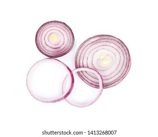 Red Onion Rings On White Background, Top View