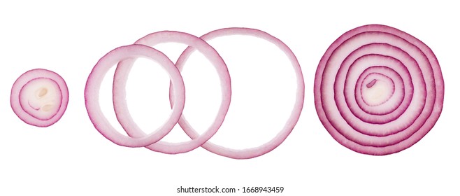 Red Onion Slices Isolated On White Background Cutout, Top View