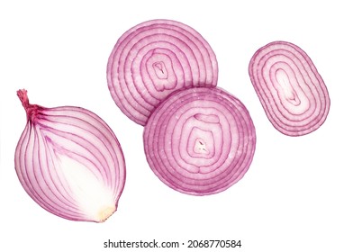 Red Onion Slices Isolated On A White Background,  Top View.