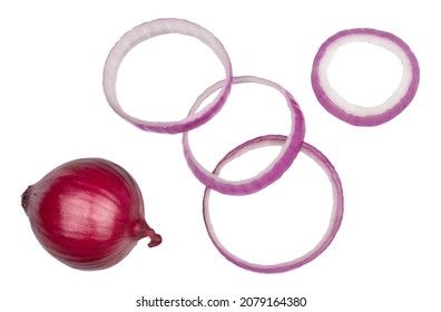 Red Onion And Slices Isolated On A White Background, Top View.