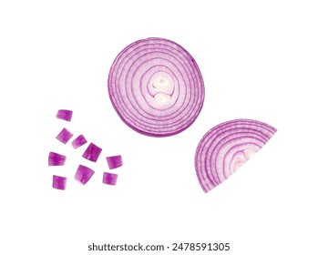 Red onion slices isolated on a white background, top view.