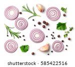 red onion and spices isolated on white background, top view