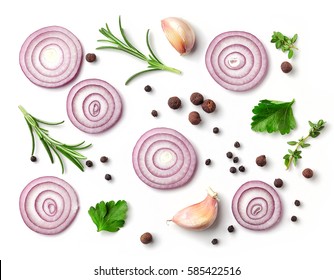 red onion and spices isolated on white background, top view