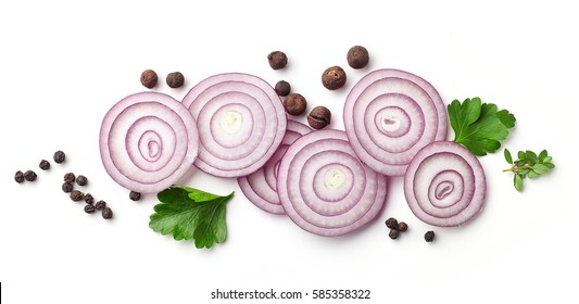 Red Onion And Various Spices Isolated On White Background, Top View