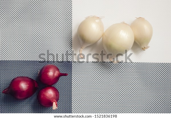 red onion and white onion on a background divided into\
four parts 