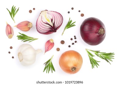 red onions, garlic with rosemary and peppercorns isolated on a white background. Top view. Flat lay - Shutterstock ID 1019723896