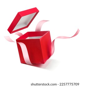 Red open gift box with pink ribbon isolated on a white background - Powered by Shutterstock