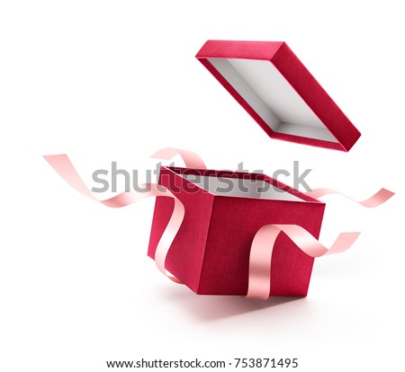 Red open gift box with ribbon isolated on white background