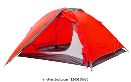 Red open tourist tent isolated on white background - Shutterstock ID 1240150663