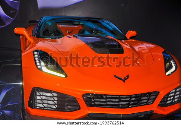 Red Orange Flashy Sports Car at the Los\
Angeles, California  Auto Show in December,\
2018