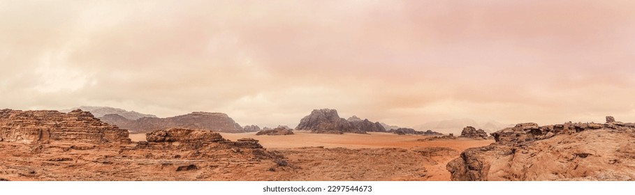 Red orange Mars like landscape in Jordan Wadi Rum desert, mountains background overcast morning, wide panorama. This location was used as set for many science fiction movies - Powered by Shutterstock