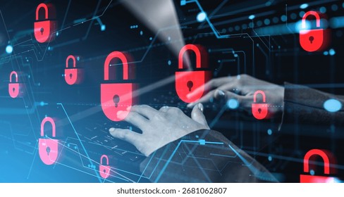 Red padlocks over digital interface with hands on keyboard, modern style on dark blue tech background, concept of online data security