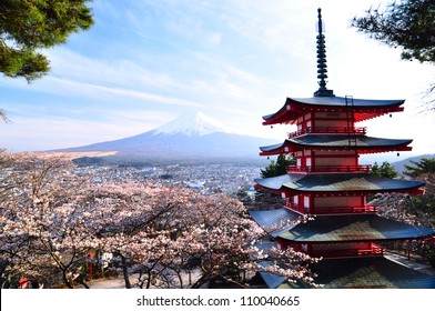 Red pagoda with Mt. Fuji as the background