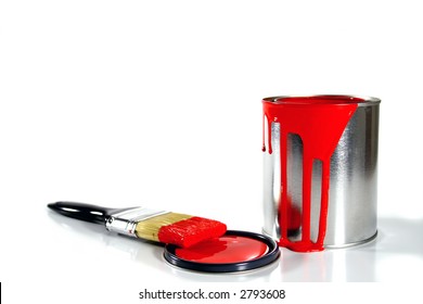 A Red Paint Bucket And Brush