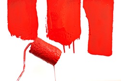 Red Paint Dripping With Paint Roller.