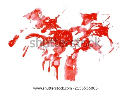 Red paint stains, color spillage drops isolated on white, top view