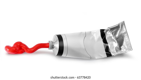 Red paint tin tube squeezed on white background isolated