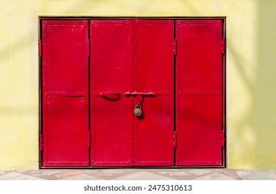 Red Painted metal door texture for background. Colorful red door with lock window sheet metal gate and doors Vintage industrial metal door gate yellow wall locking system. Old sheet iron metal door. - Powered by Shutterstock