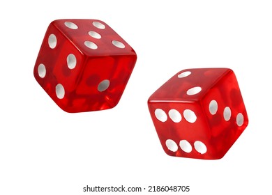 Red pair of casino dice rolled a seven with each die rolling a five and two isolated on white background with clipping path cutout concept for games of chance, taking a risk and luck in gambling
