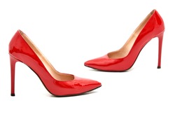 A Red Pair Of Women's Heel Shoes With Red Rose Isolated On White Background.Fashion Ideas