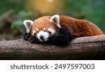 A red panda peacefully sleeping on a tree log, surrounded by a soft, green forest background, basking in gentle sunlight.