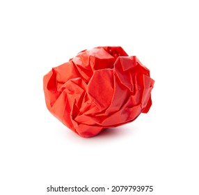 Red Paper Ball Isolated On White Background. Crumpled Paper, Closeup View