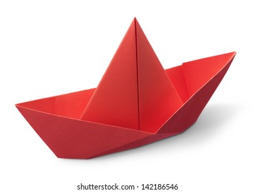 Red Paper Boat Isolated On White Background