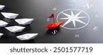 Red Paper Boat On Compass Leading A Fleet Of Small White Boats. Business Leadership Concept. Leaving Mainstream And Changing Direction. Entrepreneur. Business Opportunity