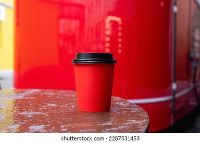 Red Paper Coffee Cup With Black Plastic Lid